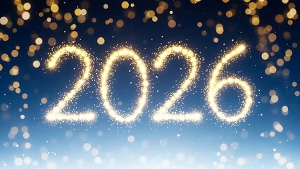 happy new year, new year's eve, silvester, new year, celebration greeting card, new year card - Year 2026 in sparkler font and firework fireworks pyrotechnic, isolated on black night sky background
