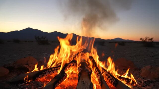 Warm campfire burning brightly in the desert at sunset
