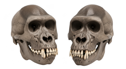 Two ancient hominid skulls side by side isolated on transparent background