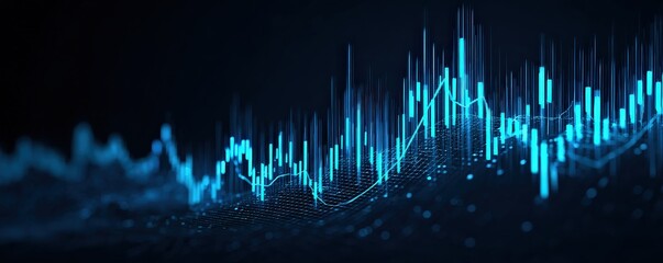 A digital graph displaying fluctuating data trends in vibrant blue tones against a dark background.