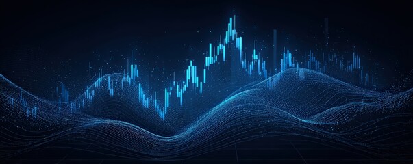 A vibrant digital waveform representation displaying fluctuating data trends in blue tones against a dark background.