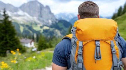Hiking through Alpine beauty with a sturdy backpack in breathtaking mountains