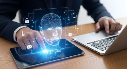Digital Deepfake Technology: Businessman Interacting with AI Face Hologram on Tablet, Cybersecurity Concept