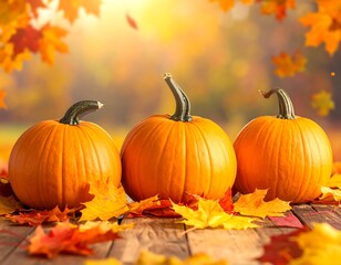 Naklejka premium Three pumpkins sit on a wooden surface with colorful autumn leaves