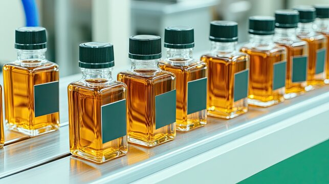 Dark red wine bottles traveling along a production line in a bustling beverage factory during a vibrant processing phase - Powered by Adobe