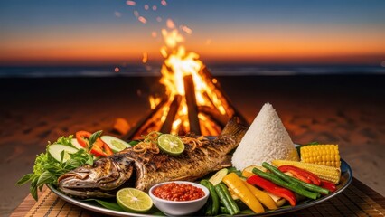 A perfect tropical evening with a freshly grilled fish platter, enjoyed by a warm bonfire on a sandy beach at sunset