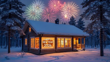 happy new year, new year's eve, silvester, new year, celebration greeting card, new year card - Year 2026 in sparkler font and firework fireworks pyrotechnic, isolated on black night sky background