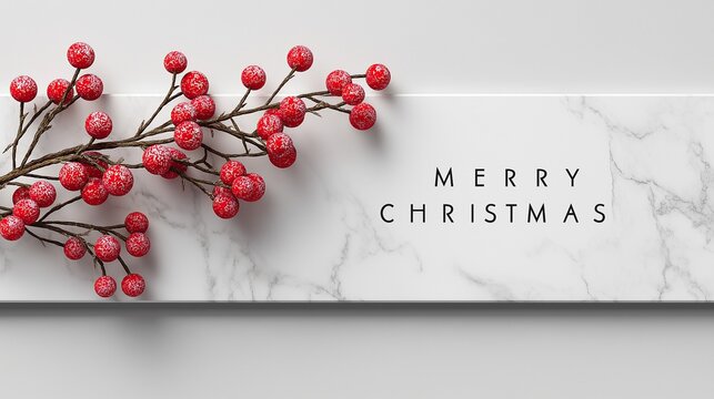 Minimalist elegant white marble textured Christmas card background with scattered red berries and modern calligraphy message "merry christmas" on side. - Powered by Adobe