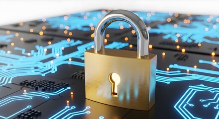 Golden Padlock on Futuristic Circuit Board with Glowing Blue Lines, Symbolizing Digital Security and Data Protection