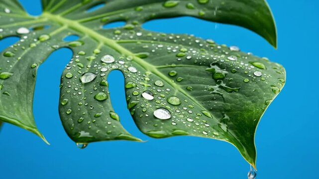 Monstera Leaf with Water Droplets - A Refreshing Close-Up.