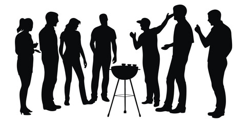 A man grilling meat standing on the side of the road vector.Backyard barbecue party with friends enjoying summer grilling and good company in silhouette for lifestyle brand
