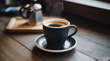 Obraz premium Minimal black coffee cup on wooden table by window light. Modern coffee still life with soft natural side lighting. Quiet coffee moment with dark cup and warm daylight