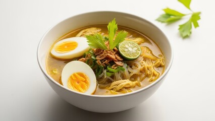 A savory bowl of traditional Indonesian Soto Ayam, a chicken noodle soup with rich broth, boiled egg, and lime