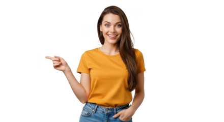 Young woman in orange t shirt pointing to the side isolated on transparent background