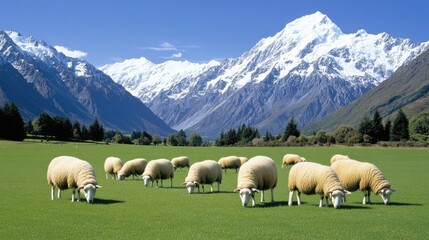 Sheep grazing peacefully in the lush green hills of New Zealand on a cloudy day with rolling mountains in the backdrop