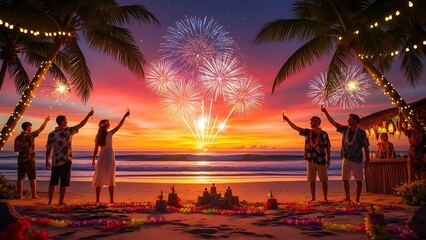 happy new year, new year's eve, silvester, new year, celebration greeting card, new year card - Year 2026 in sparkler font and firework fireworks pyrotechnic, isolated on black night sky background