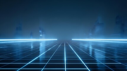 Futuristic grid floor with neon glow abstract technology background for virtual reality or science fiction concepts