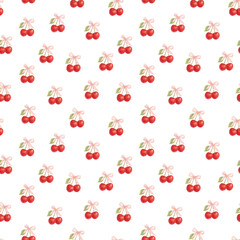 cute watercolor cherry seamless pattern with pink bows