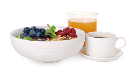 Healthy breakfast. Oatmeal with nuts, berries, jam, coffee and juice isolated on white