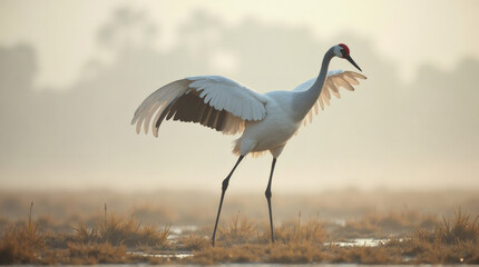 Fototapeta premium Red-Crowned Crane Dancing Gracefully in Open Marshland Fog