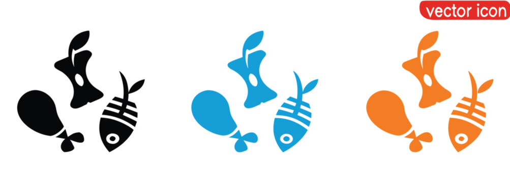 Discarded food waste icons showing apple core, fish bone, and chicken leg,Food waste vector icon illustration.
