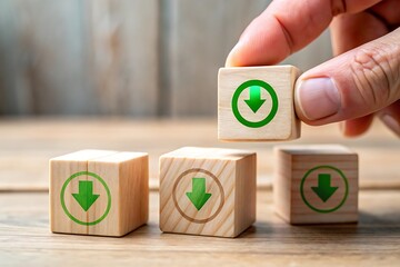 Building Blocks of Strategy Wood Cubes with Green Arrow Down Symbol Represents Growth and Progress Achieving Goals and Development Setting Stage for Success