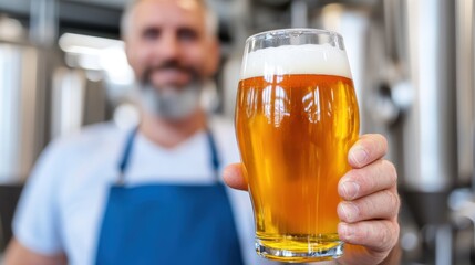 Expert brewer inspects quality of craft beer in a busy brewery setting