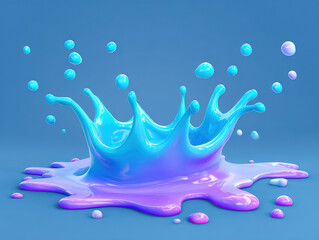 Digital 3D illustration of a vibrant liquid splash on a light gray surface, predominantly blue and purple with pink edges Dynamic, energetic movement suggests recent impact Splash for - AI-Generated