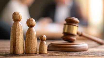 Gavel and Wooden Family Figures on Table With Judge Reading Divorce Settlement in Courthouse During Family Law Trial