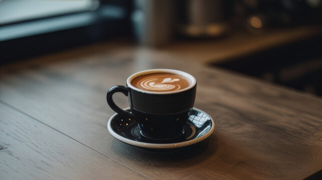 Hot latte with soft steam on dark wooden caf&eacute; table. Minimal coffee scene with warm light and rich crema. Fresh brewed latte in cozy modern coffee shop