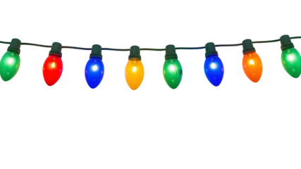 Colorful christmas string lights isolated on transparent background