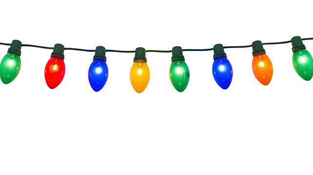 Colorful christmas string lights isolated on transparent background
