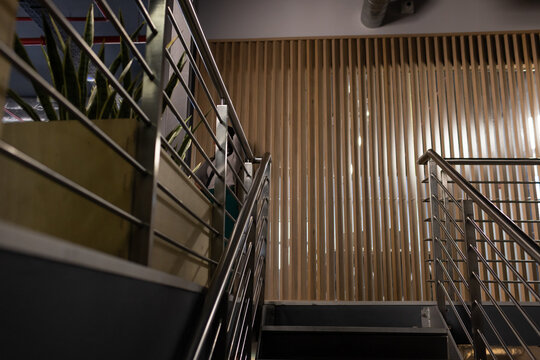 Metal stairs are ascending beneath stainless steel handrails to wooden slat wall with snake plants