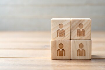 Four Wooden Blocks Stacked with Carved Person Icons on a Wooden Surface Representing Business Teamwork or Human Resources, With a Light Background and Copy Space