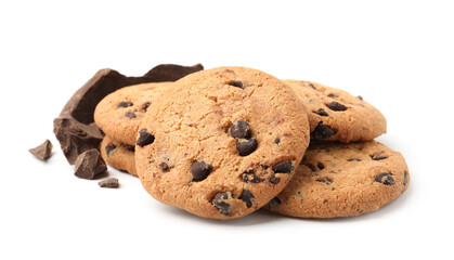 Delicious chocolate chip cookies and pieces of chocolate isolated on white