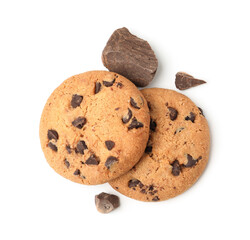 Delicious chocolate chip cookies and pieces of chocolate isolated on white, top view