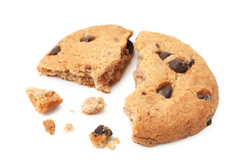 Pieces of yummy chocolate chip cookie isolated on white