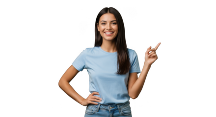 Young woman in casual clothing pointing to the side isolated on transparent background