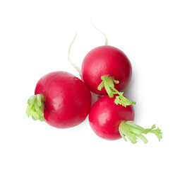 Many fresh ripe radishes isolated on white, top view
