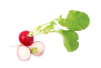 Whole and cut radishes with leaves isolated on white, top view