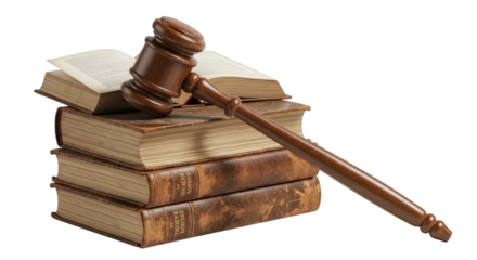 Gavel resting atop a stack of aged books in a legal setting image on transparent background