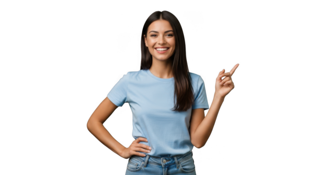 Young woman in casual clothing pointing to the side isolated on transparent background - Powered by Adobe