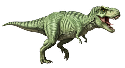 Obraz premium Illustration of a large green tyrannosaurus rex with stripes on body on transparent background