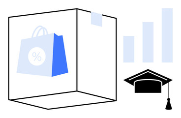 E-commerce growth. E-commerce linked with education and success, by a shopping bag, bar graph, and graduation cap. E-commerce in learning, online shopping, and business tools. Ideal for educational