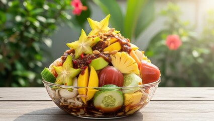 A vibrant medley of exotic tropical fruits in a glass bowl, showcasing a sweet and spicy Asian fruit salad on a sunlit garden table