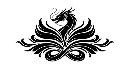 Black dragon silhouette design with ornamental elements on white background