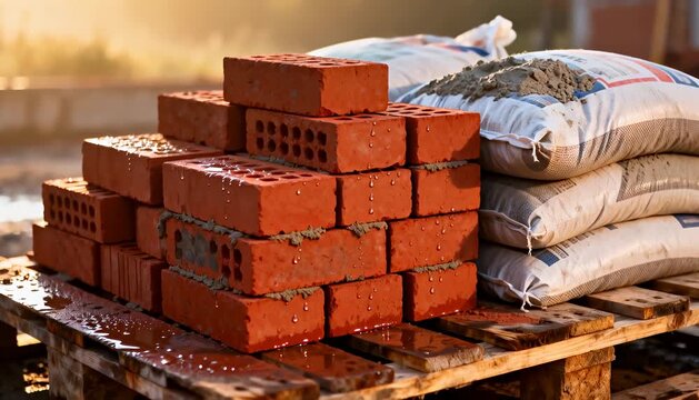 Construction materials stacked on a pallet at sunrise wet bricks and cement bags building supplies outdoor.