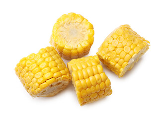 Pieces of tasty corn cob isolated on white, top view
