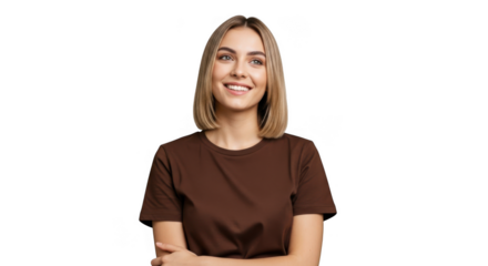 Young woman with blonde hair smiling and looking at the camera isolated on transparent background