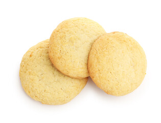 Many tasty lemon cookies isolated on white, top view